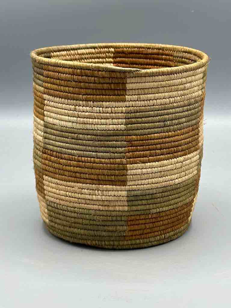 Earth tone checkerboard cylinder tightest weave Batwa basket