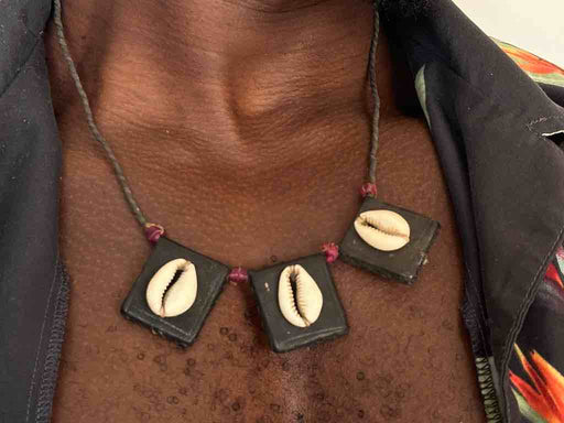 Cowrie Shell Triple GriGri Black Leather Cord Long Necklace - Mali