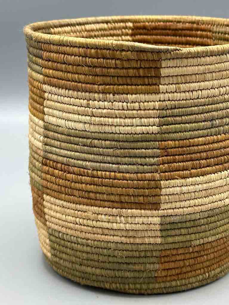 Earth tone checkerboard cylinder tightest weave Batwa basket