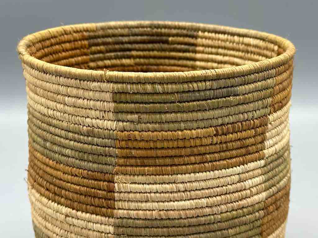 Earth tone checkerboard cylinder tightest weave Batwa basket