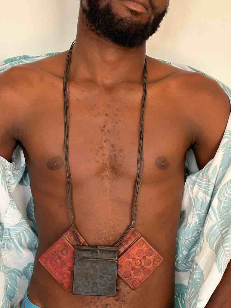 Triple Large Leather Tuareg GriGri Long  Thick Multiple Cord Necklace - Mali