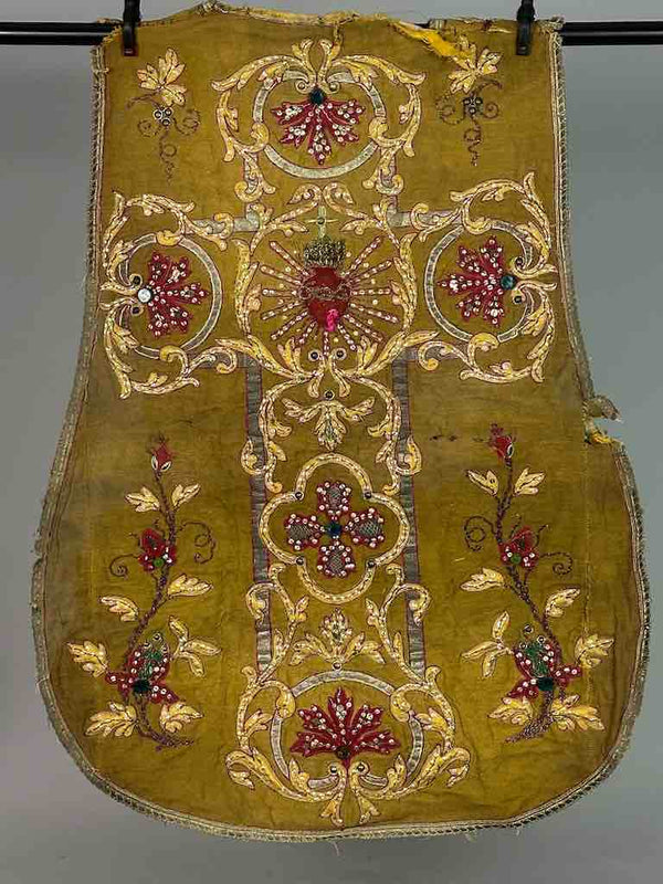 Antique Vietnamese Catholic Sacred Heart Cross Design Chasuble Authentic Ecclesiastical Cloth