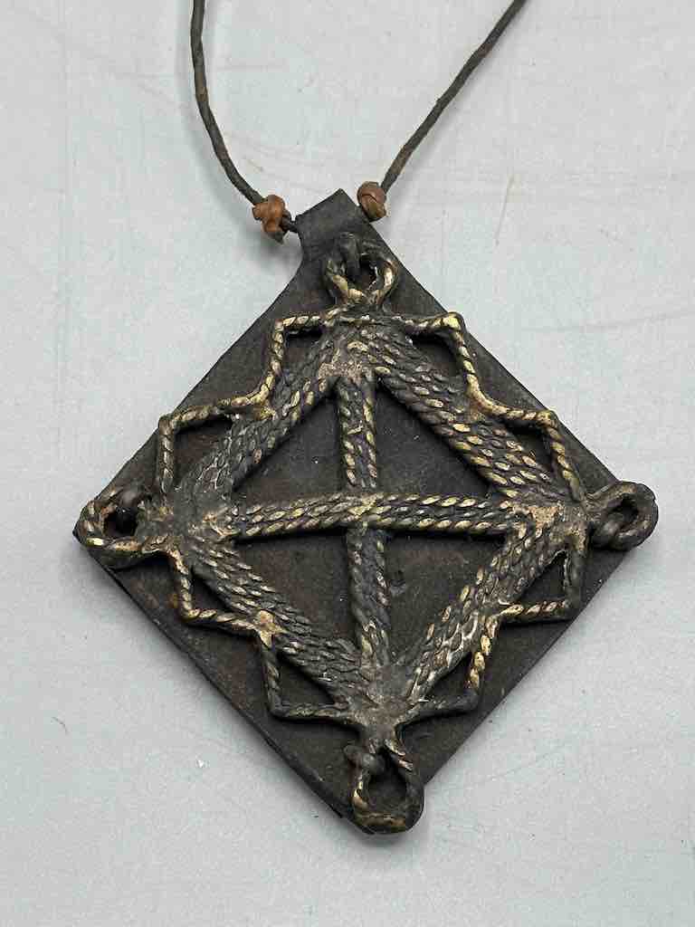 Leather-backed Handcast Brass Pendant Necklace - Mali