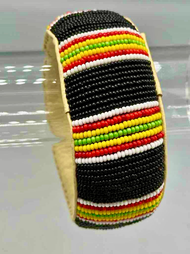 Rasta Stripes Design Wide Beaded Leather Bracelet - Mali