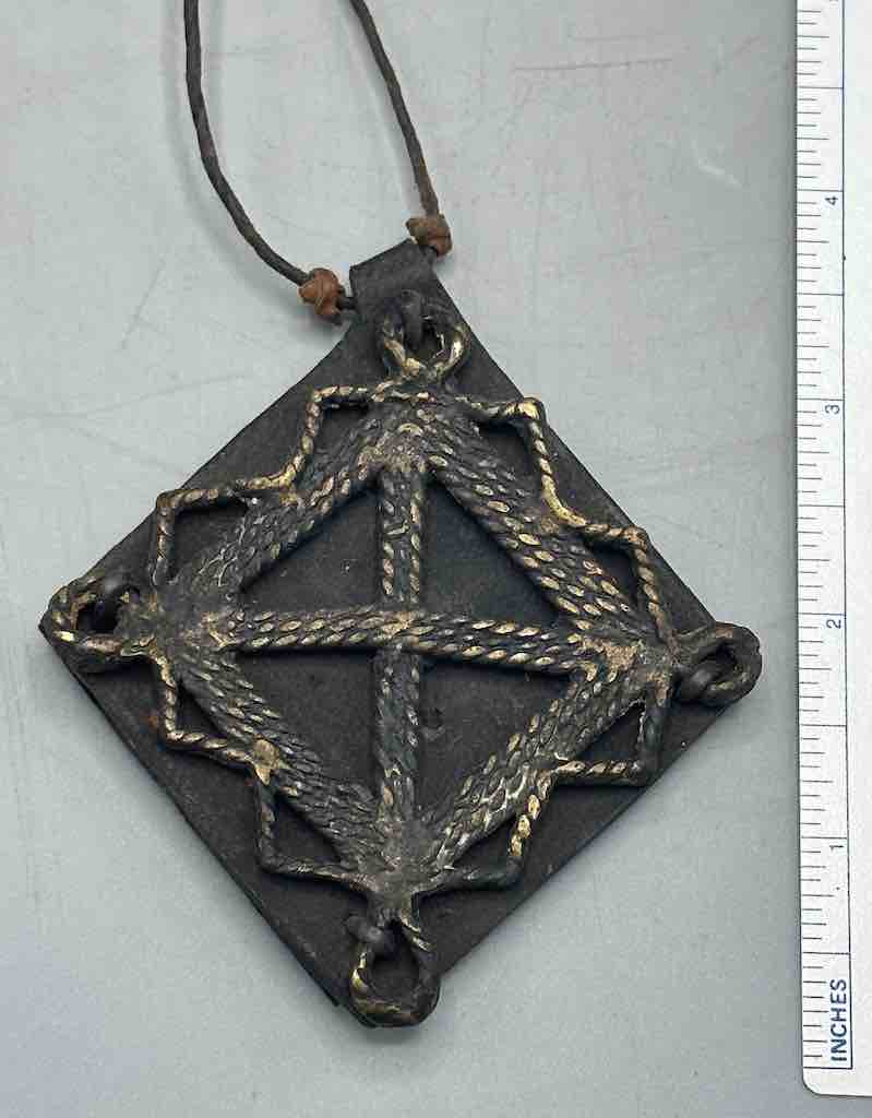 Leather-backed Handcast Brass Pendant Necklace - Mali