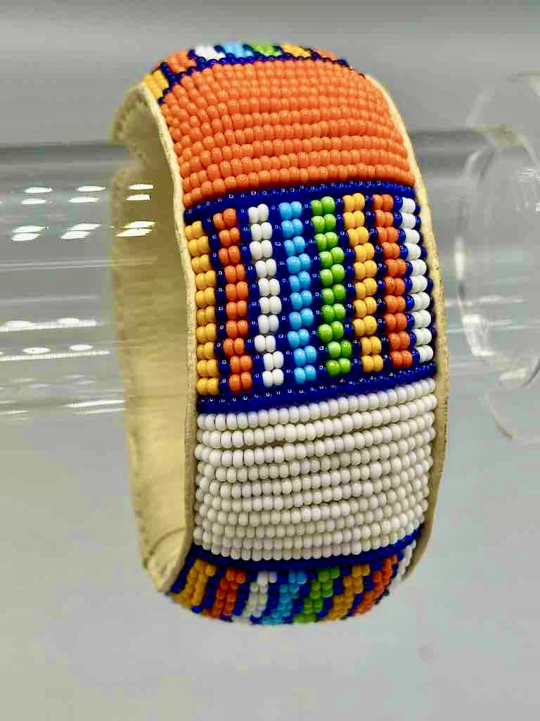 Squares & Stripes Design Wide Beaded Leather Bracelet - Mali