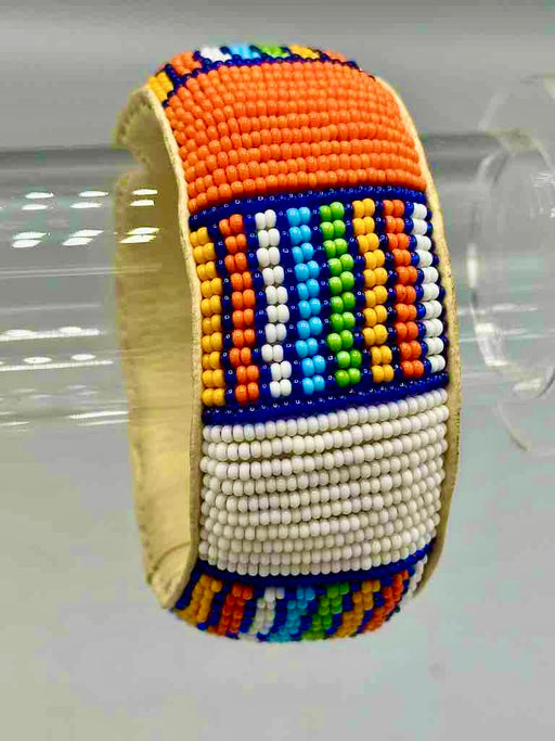 Squares & Stripes Design Wide Beaded Leather Bracelet - Mali