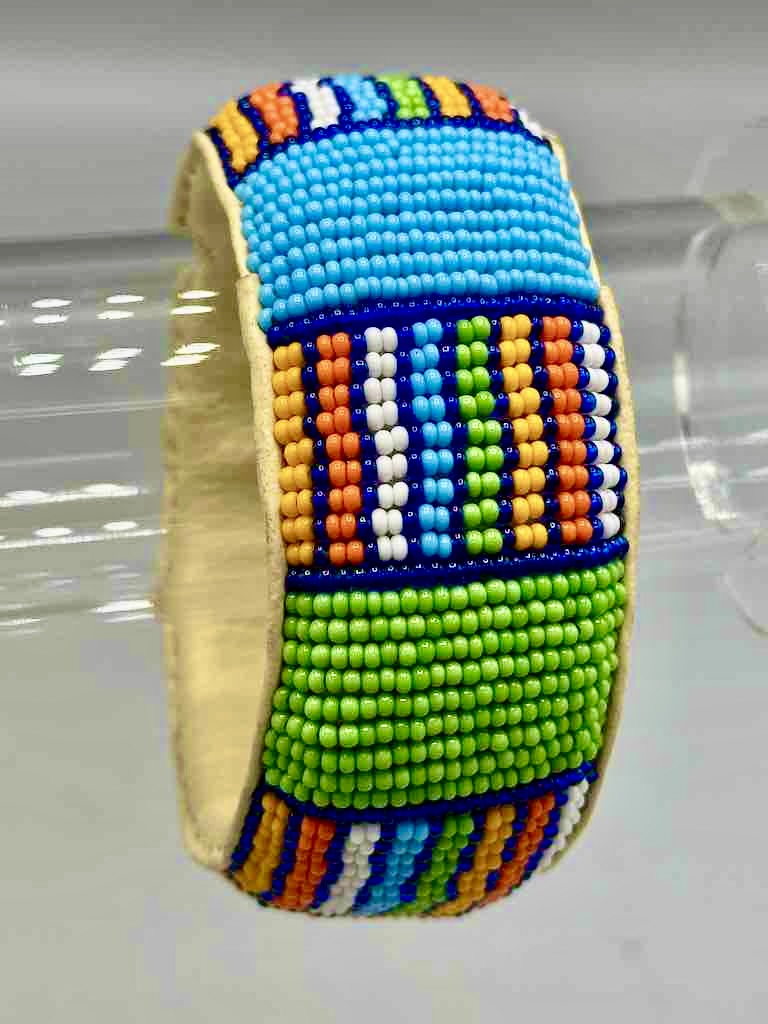 Squares & Stripes Design Wide Beaded Leather Bracelet - Mali