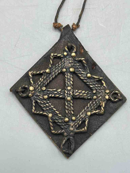 Leather-backed Handcast Brass Pendant Necklace - Mali
