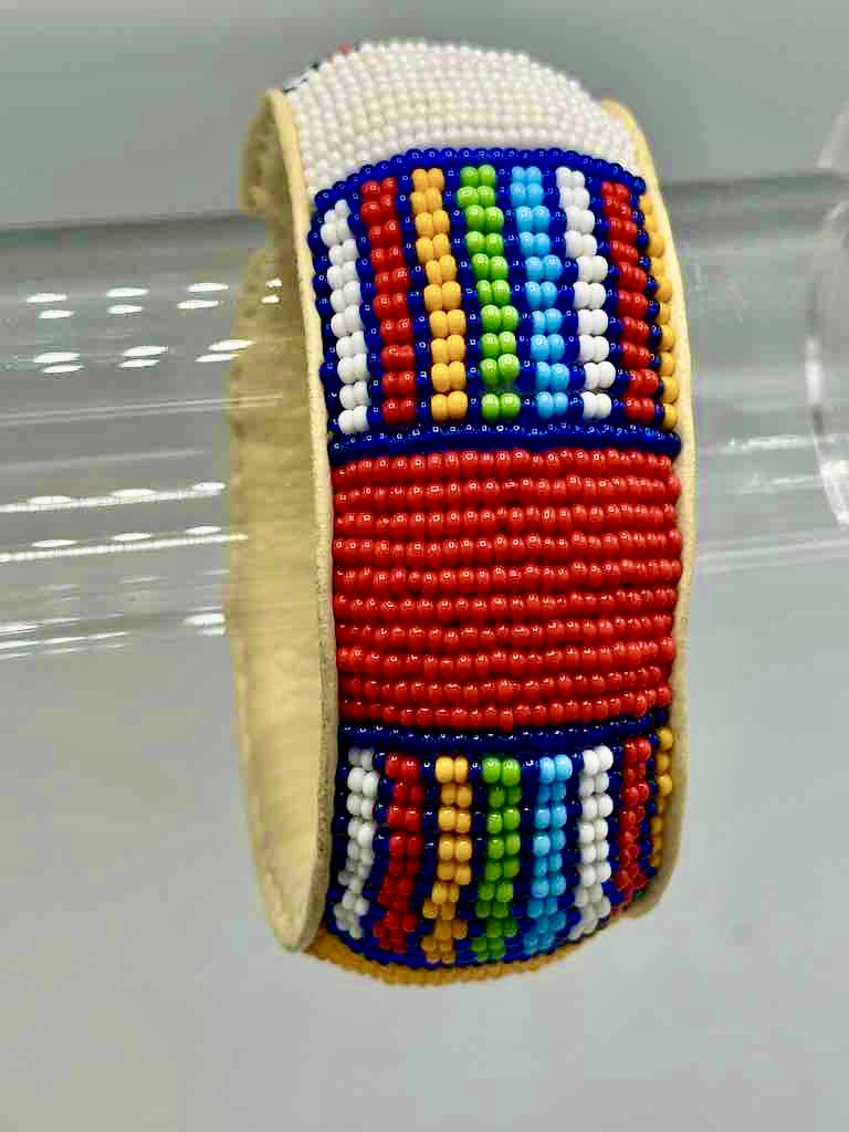 Squares & Stripes Design Wide Beaded Leather Bracelet - Mali