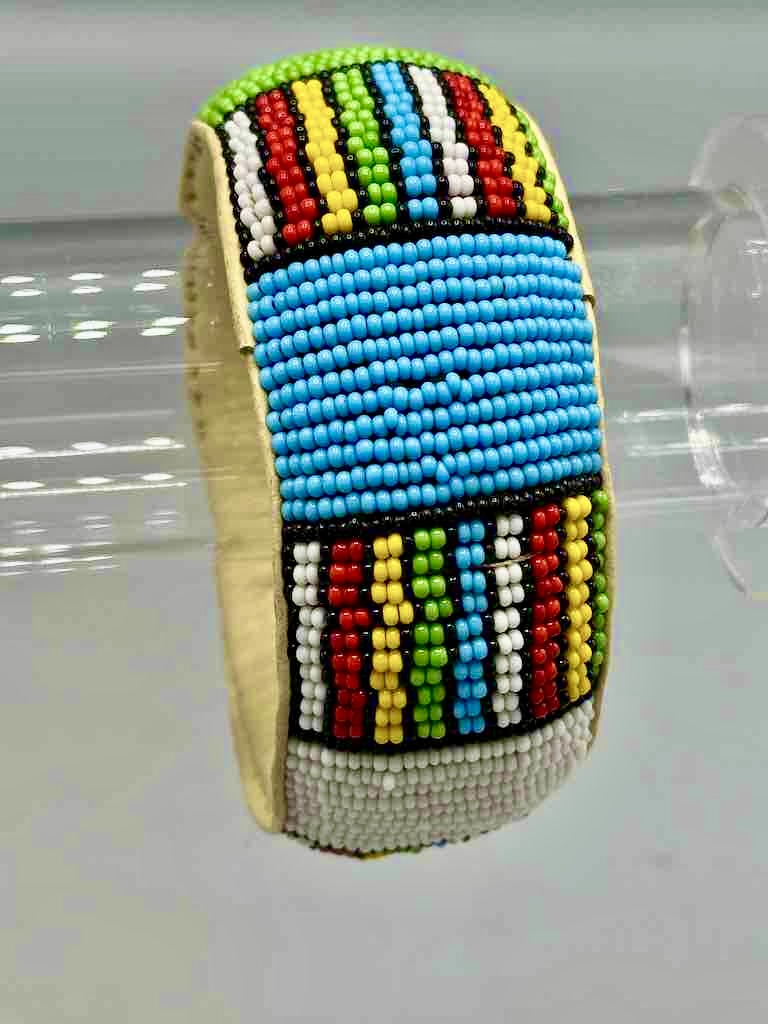 Squares & Stripes Design Wide Beaded Leather Bracelet - Mali