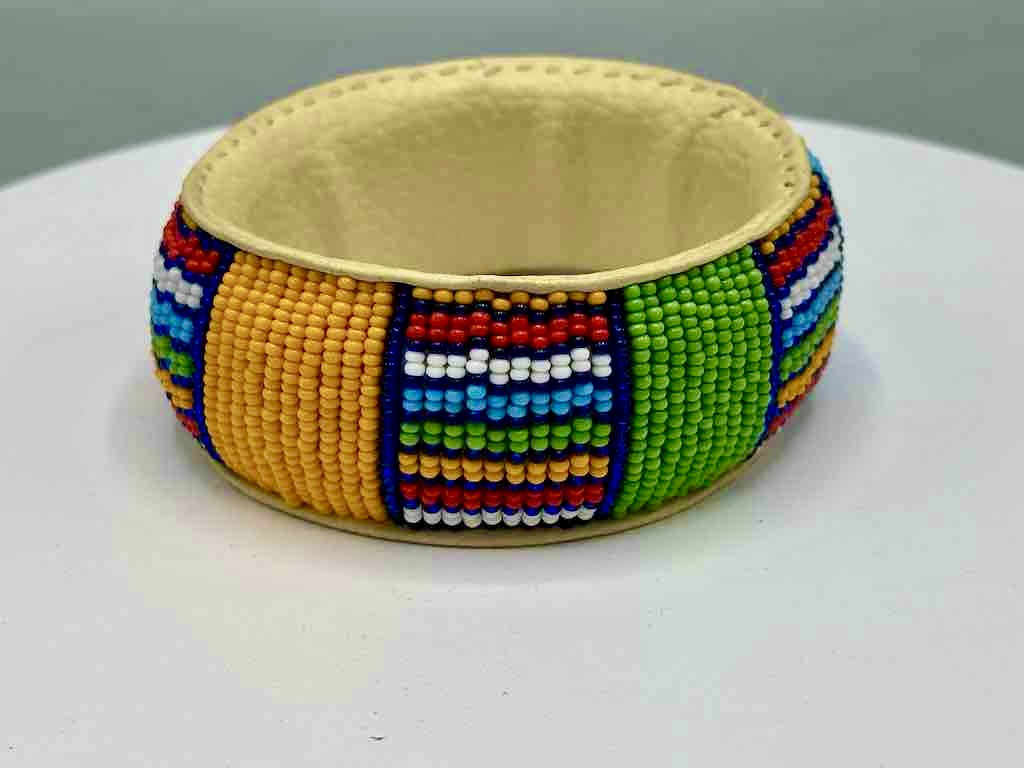 Squares & Stripes Design Wide Beaded Leather Bracelet - Mali