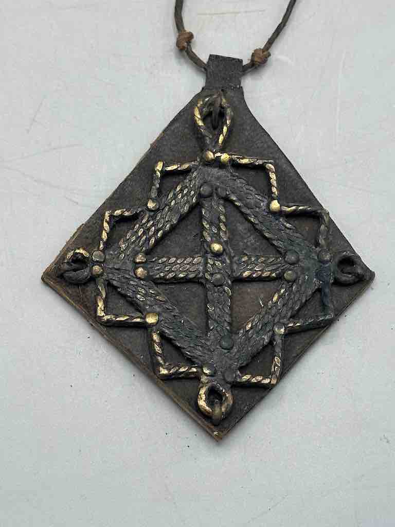 Leather-backed Handcast Brass Pendant Necklace - Mali