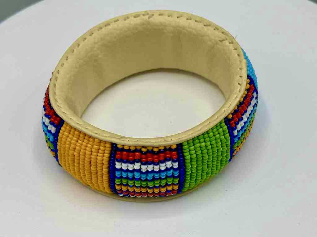 Squares & Stripes Design Wide Beaded Leather Bracelet - Mali