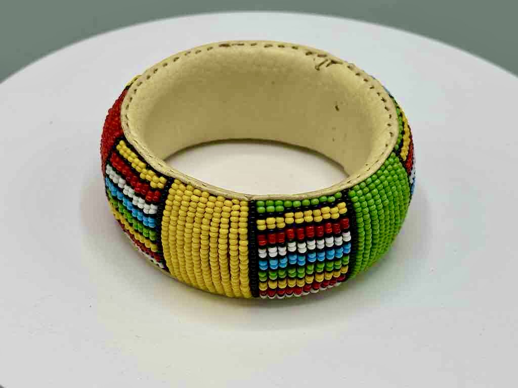 Squares & Stripes Design Wide Beaded Leather Bracelet - Mali