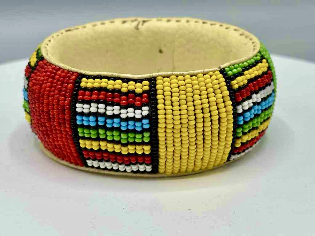 Squares & Stripes Design Wide Beaded Leather Bracelet - Mali