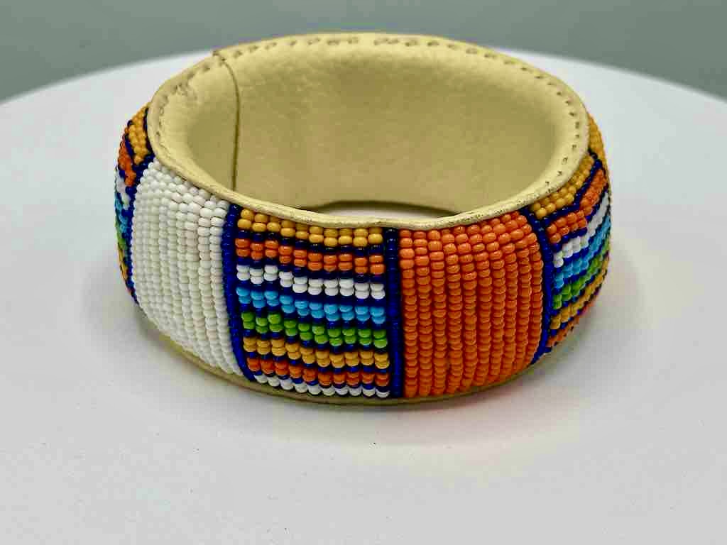 Squares & Stripes Design Wide Beaded Leather Bracelet - Mali