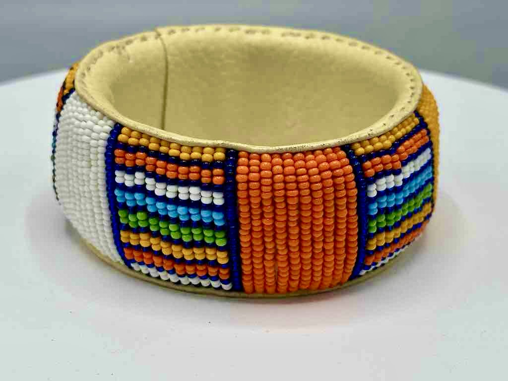 Squares & Stripes Design Wide Beaded Leather Bracelet - Mali