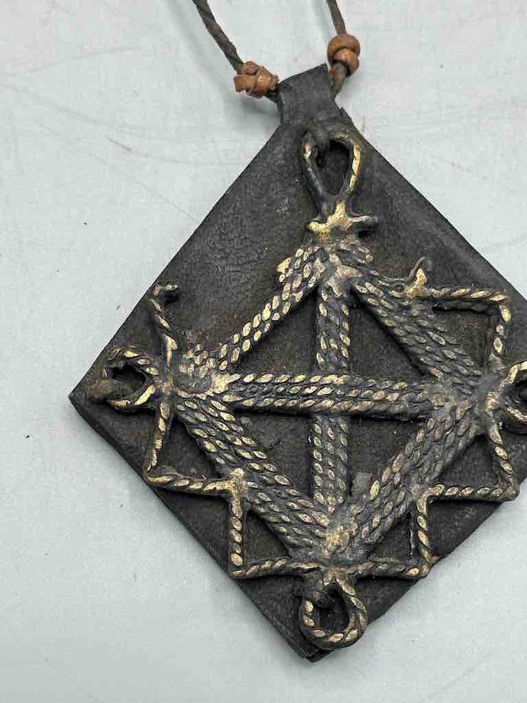 Leather-backed Handcast Brass Pendant Necklace - Mali