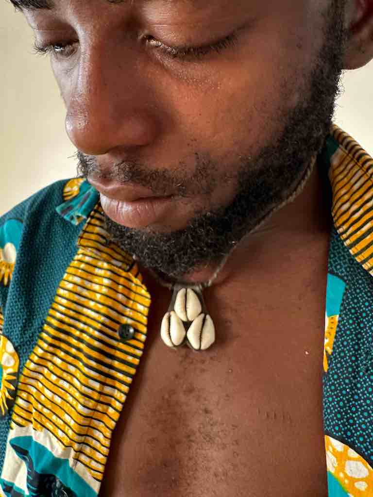 Vintage Triple Cowrie Shell Black Leather GriGri Pendant Necklace - Mali