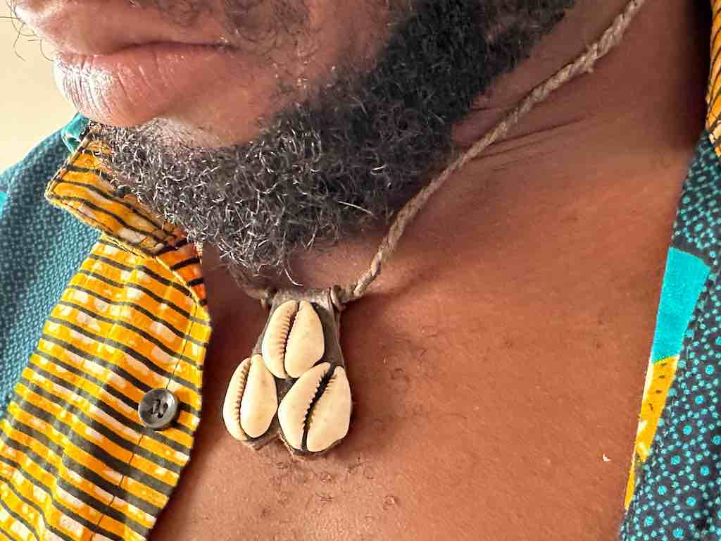 Vintage Triple Cowrie Shell Black Leather GriGri Pendant Necklace - Mali