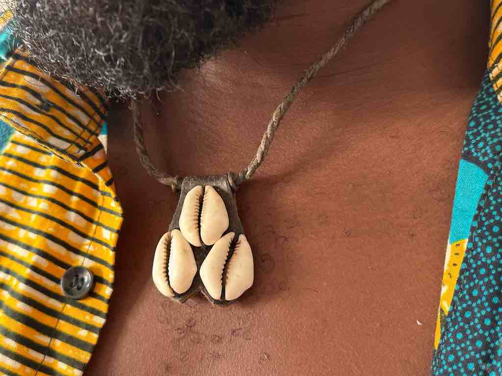Vintage Triple Cowrie Shell Black Leather GriGri Pendant Necklace - Mali