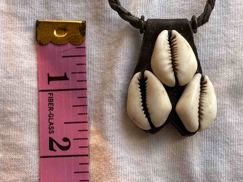 Vintage Triple Cowrie Shell Black Leather GriGri Pendant Necklace - Mali