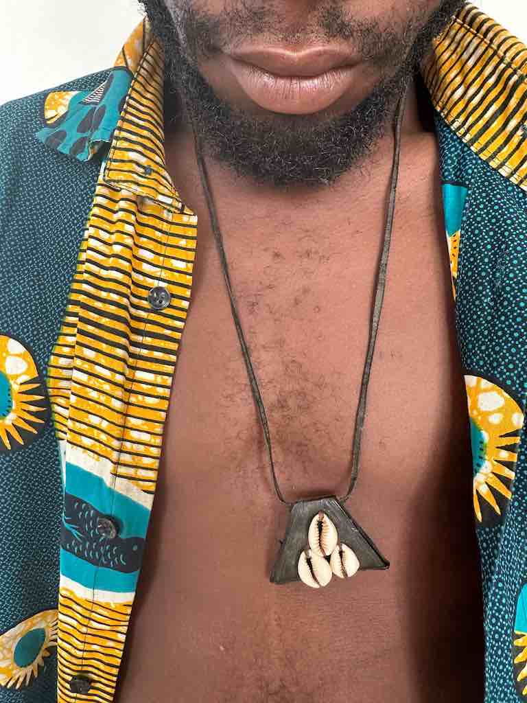 Vintage Triple Cowrie Shell Black Leather GriGri Pendant Necklace - Mali