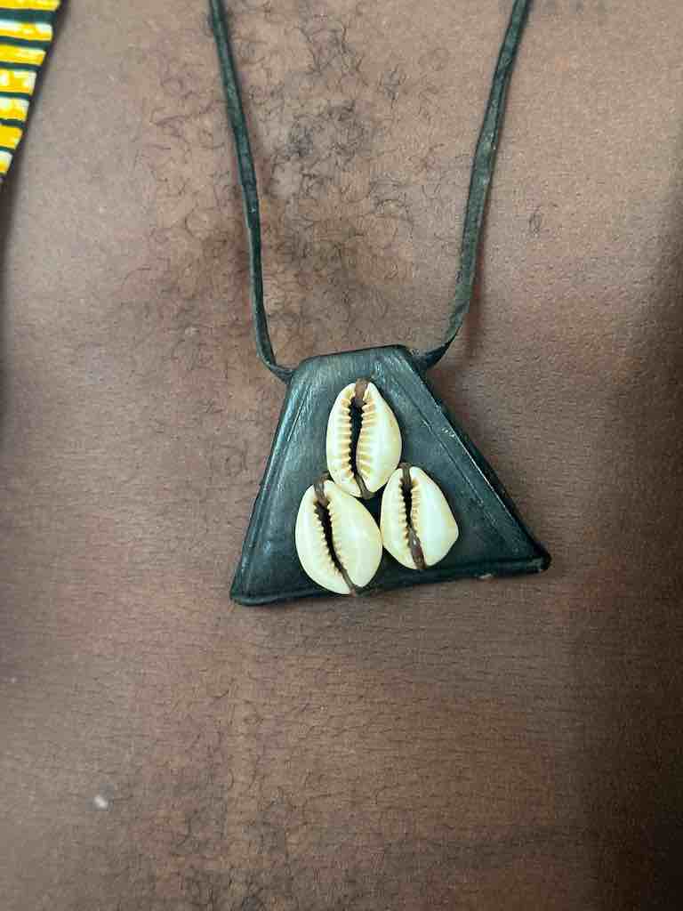 Vintage Triple Cowrie Shell Black Leather GriGri Pendant Necklace - Mali