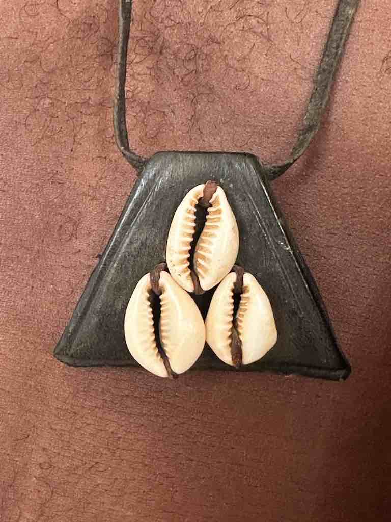 Vintage Triple Cowrie Shell Black Leather GriGri Pendant Necklace - Mali