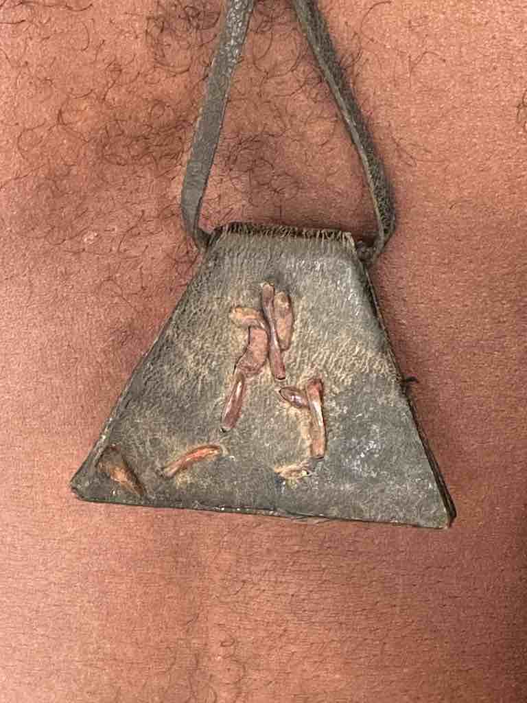 Vintage Triple Cowrie Shell Black Leather GriGri Pendant Necklace - Mali