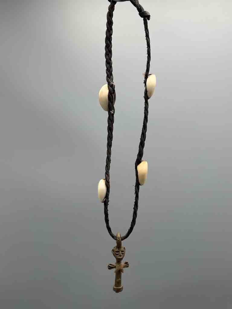 Leather & Cowrie Shell Brass Akwaba Woman Pendant Necklace Choker - Mali