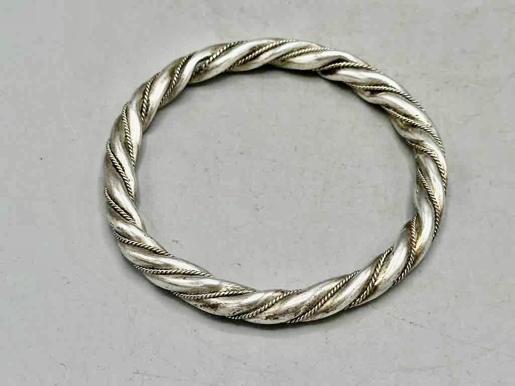 Handcrafted Twisted Coin Silver Bangle Bracelet - Southwest China/Himalayan Region
