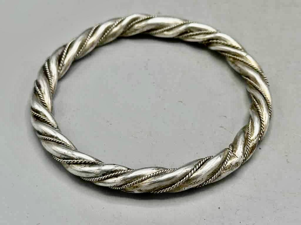 Handcrafted Twisted Coin Silver Bangle Bracelet - Southwest China/Himalayan Region
