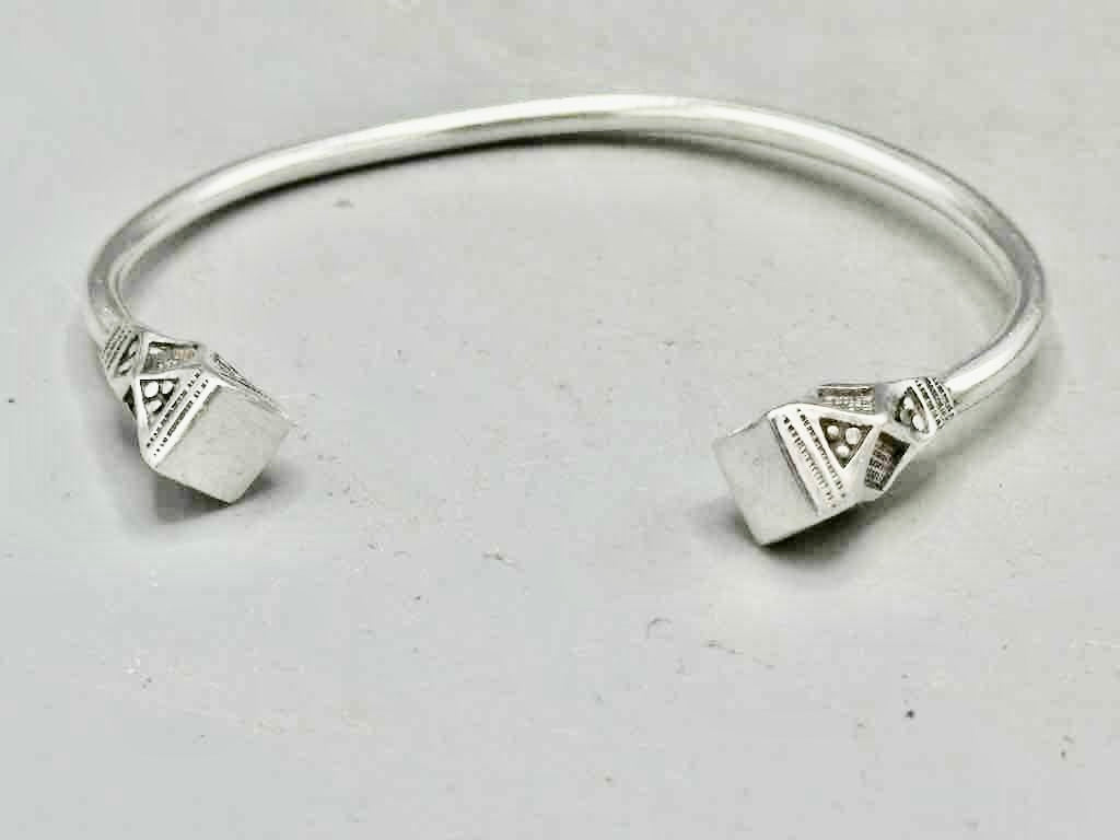 Handcrafted Tuareg Silver Cuff Bracelet with Geometric Diamond Finials - Niger