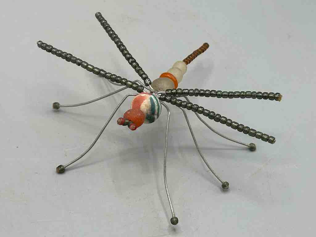 Large African Beaded Wire Decor Powderglass Dragonfly Insect Sculpture