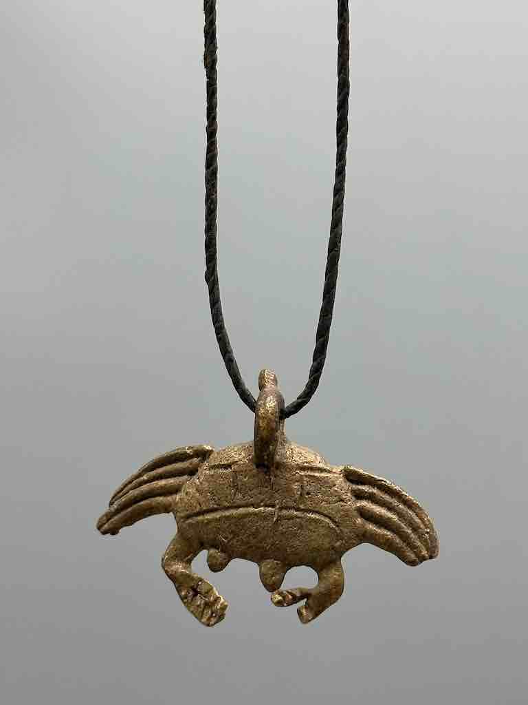 Small Brass Crab Pendant on Single Strand Leather Cord Necklace