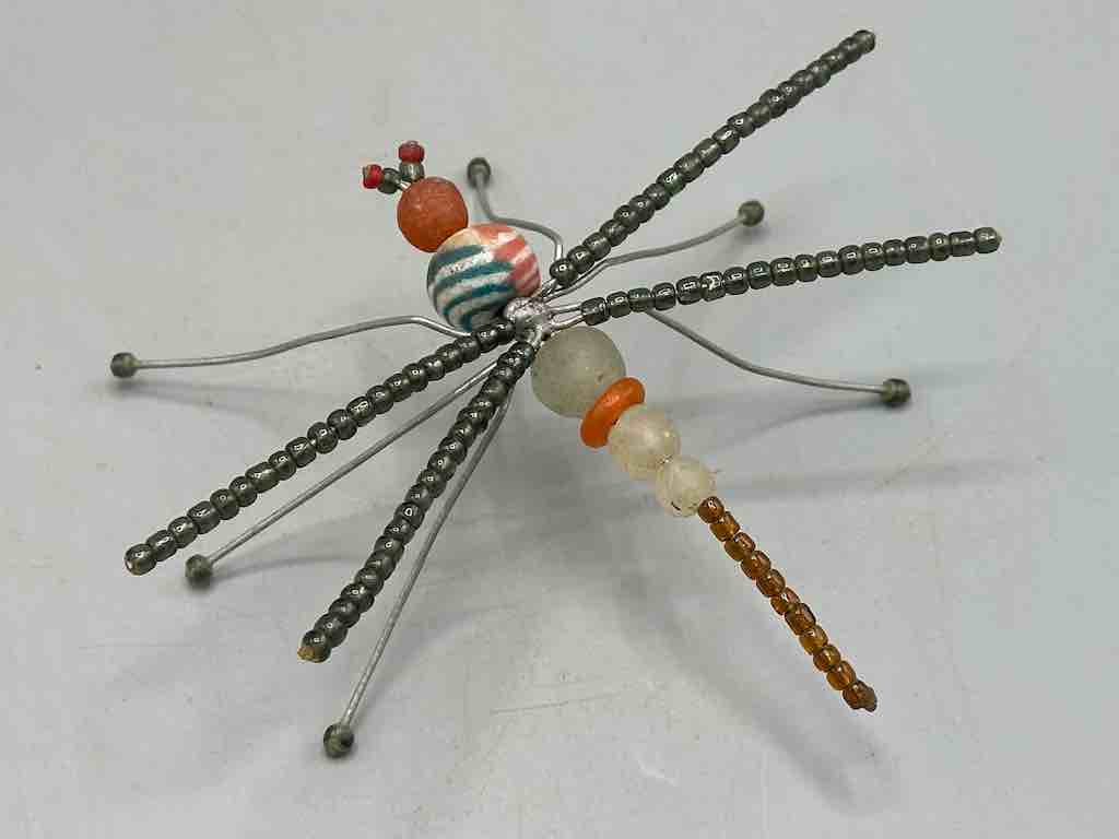 Large African Beaded Wire Decor Powderglass Dragonfly Insect Sculpture