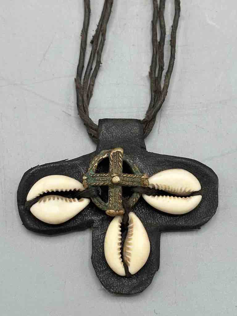 Leather & Cowrie Shell Brass Gold Weight Pendant Necklace - Mali