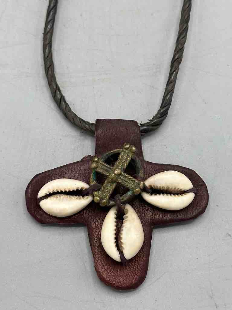 Leather & Cowrie Shell Brass Gold Weight Maroon Pendant Necklace - Mali