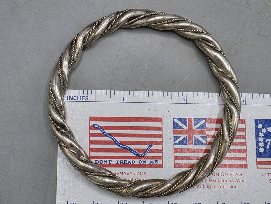 Handcrafted Twisted Coin Silver Bangle Bracelet - Southwest China/Himalayan Region