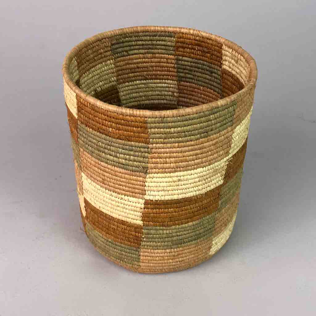 Earth tone checkerboard cylinder tightest weave Batwa basket