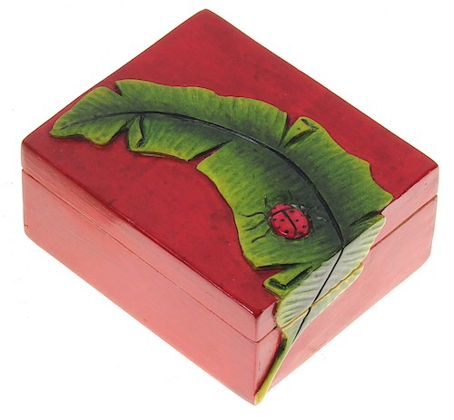 Ladybug on Banana Leaf - Small Rectangular Soapstone Trinket Decor Box