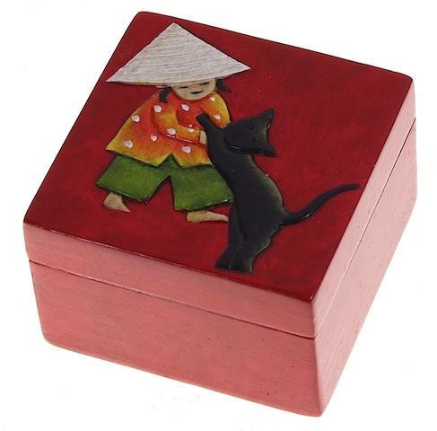 Vietnamese Girl & Cat - Small Square Soapstone Trinket Decor Box - 2 Colors