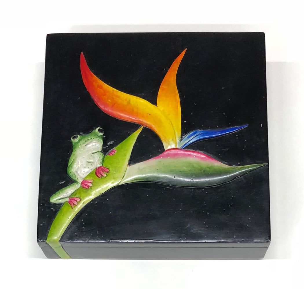 Bird of Paradise Flower with Frog - Decorative Soapstone Trinket Decor Box - Niger Bend