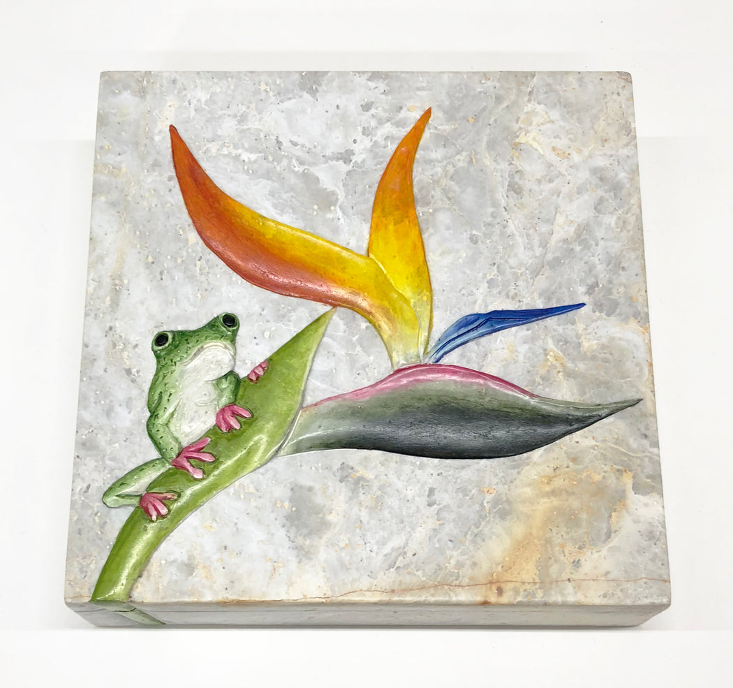 Bird of Paradise Flower with Frog - Decorative Soapstone Trinket Decor Box - Niger Bend