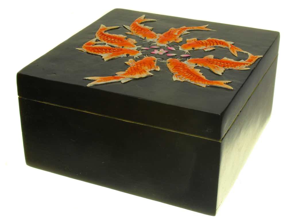 Koi Fish Feeding Square Soapstone Trinket Decor Box - 6 Versions