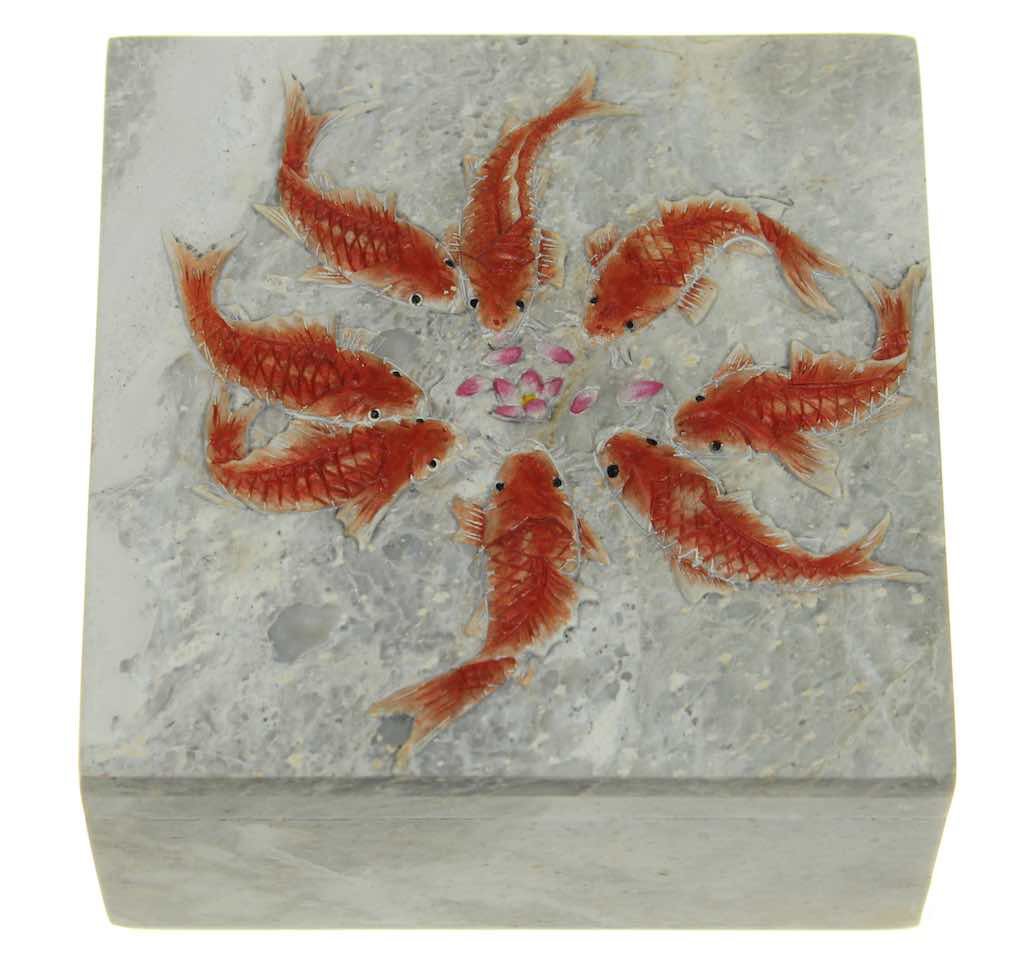 Koi Fish Feeding Square Soapstone Trinket Decor Box - 6 Versions