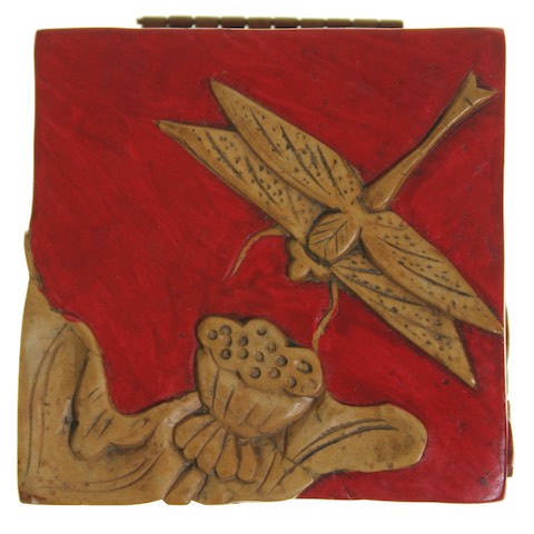 Dragon Fly & Lotus Flower - Small Red Soapstone Trinket Decor Box