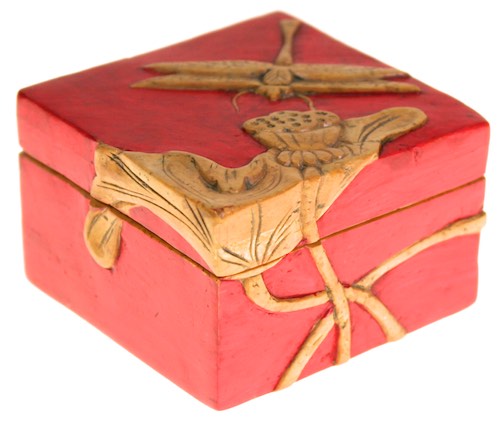 Dragon Fly & Lotus Flower - Small Red Soapstone Trinket Decor Box